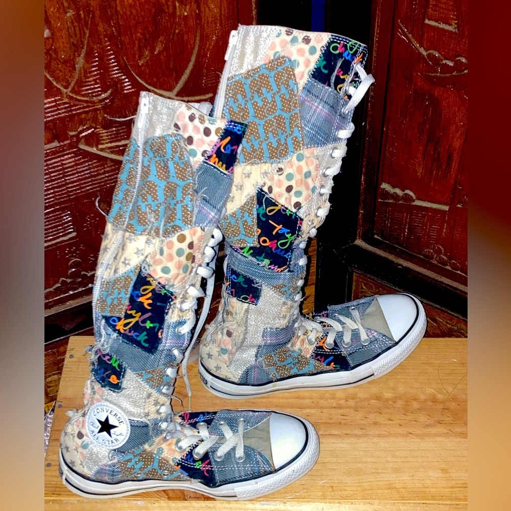 🎉⭐️Converse All Star patchwork distress Xtra Tall Zipper Lace Up Hightops.